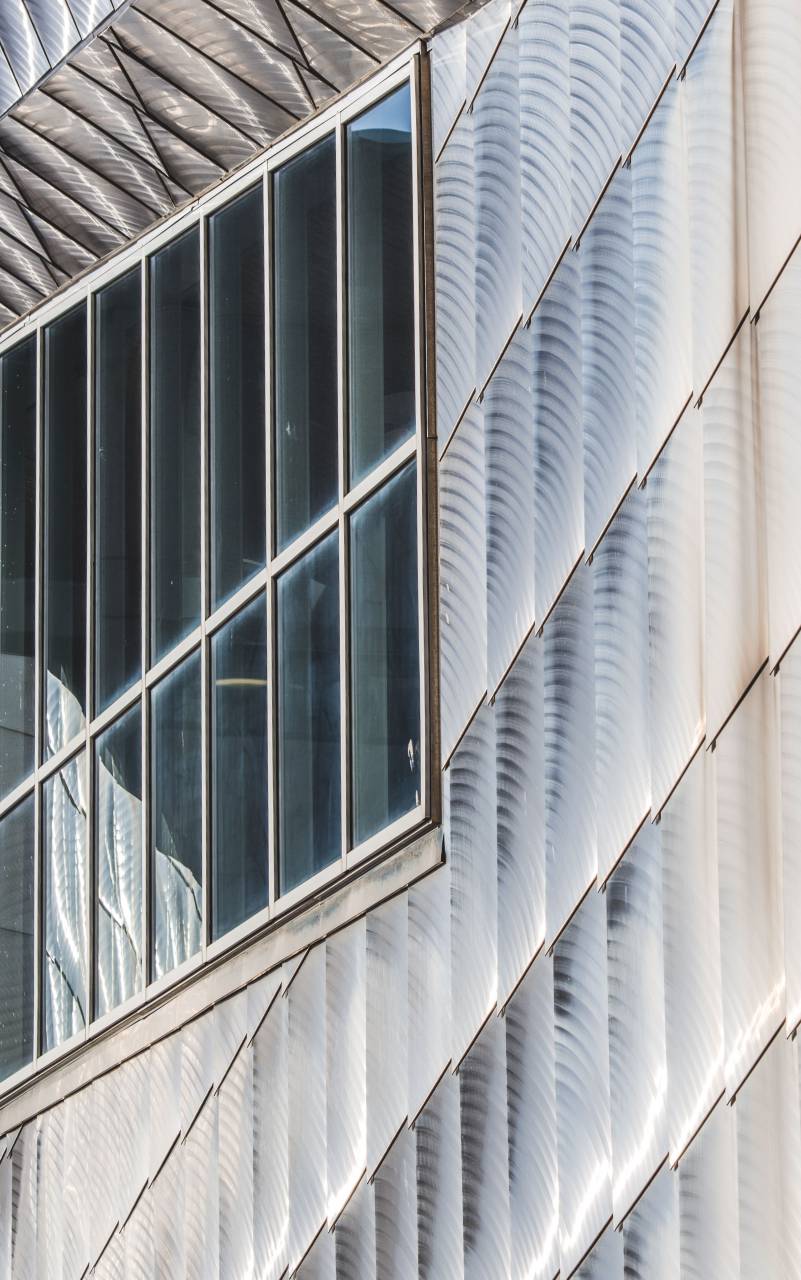 Edificio, resumen, detalle, pared, exterior, fachada, moderno, diseño, futurista, ciudad, perspectiva, arquitectura, patrón, ventana,