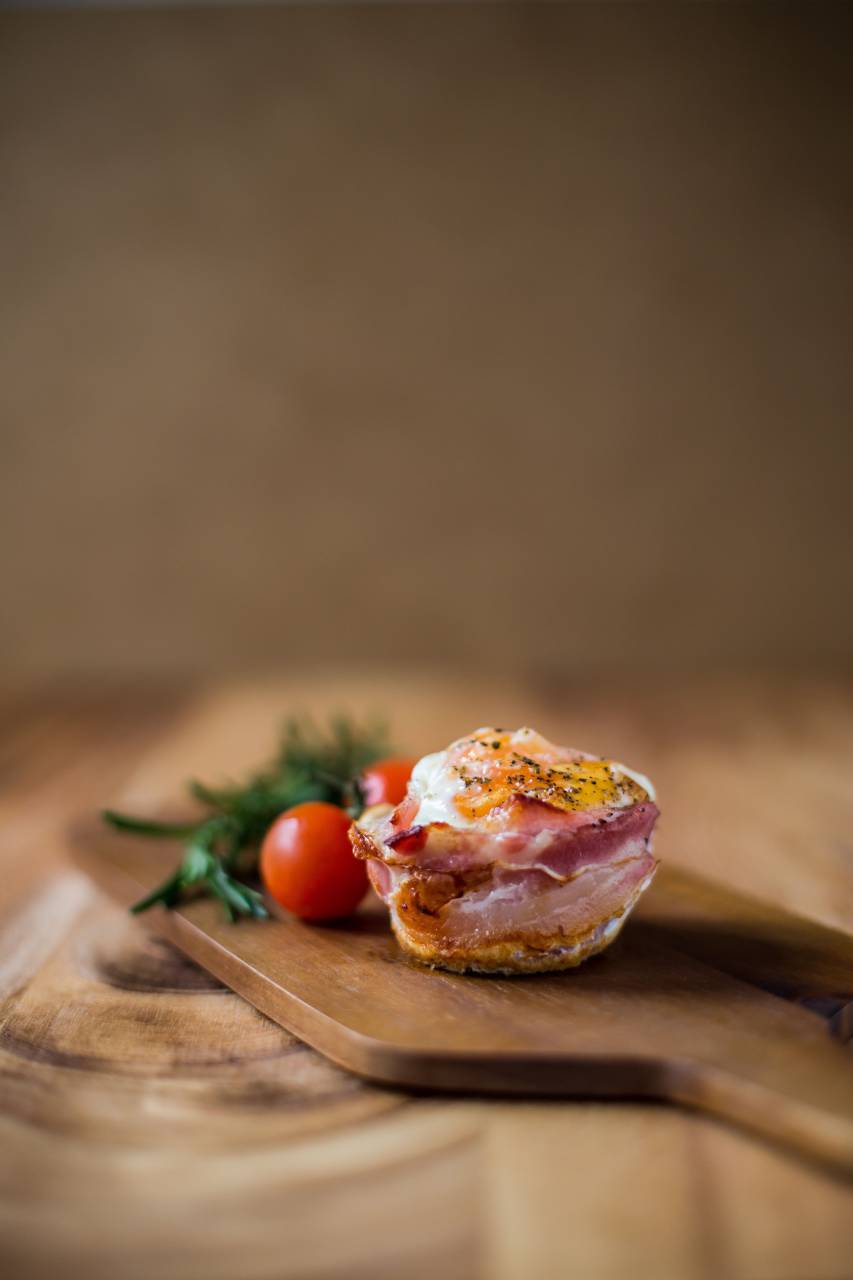 comida, tocino, ingredientes, tomate, mesa, madera,