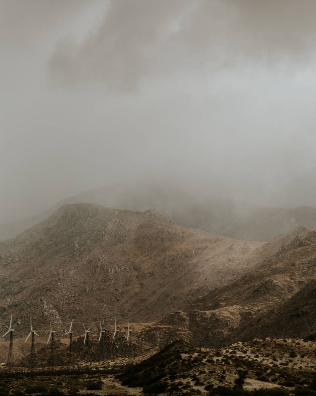 mountain, highland, landscape, fog, cloud, windmill, solar, energy
, 