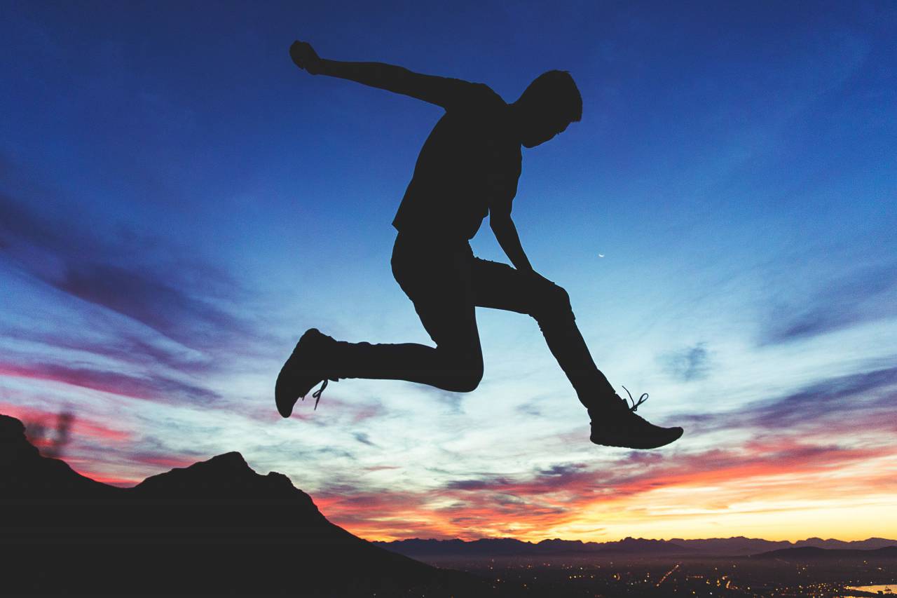 valley, cliff, hill, sunset, sky, cloud, people, man, guy, jump, silhouette
, 