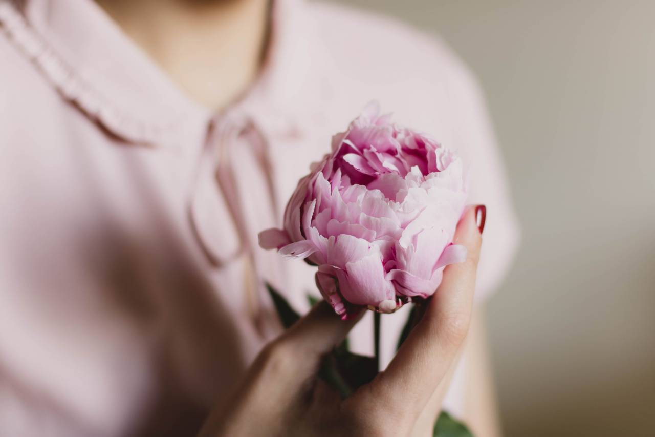 woman, girl, lady, people, bust, stand, fashion, style, hands, hold, flowers, nature, blossoms, stems, stalk, leaves, white, pink, petals, still, bokeh, beauty
, 