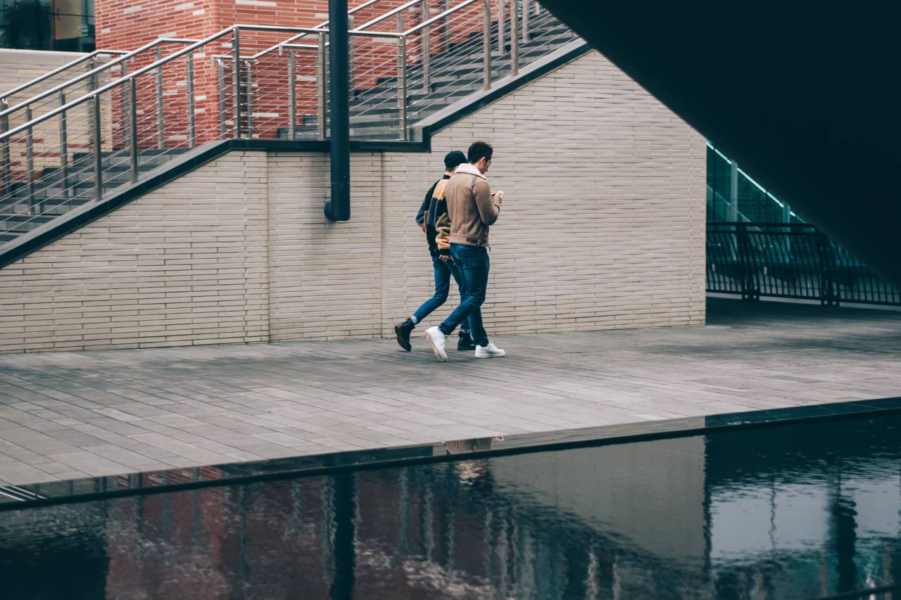 architecture, building, infrastructure, sidewalk, city, stairs, water, reflection, people, men, guy, walking
, 