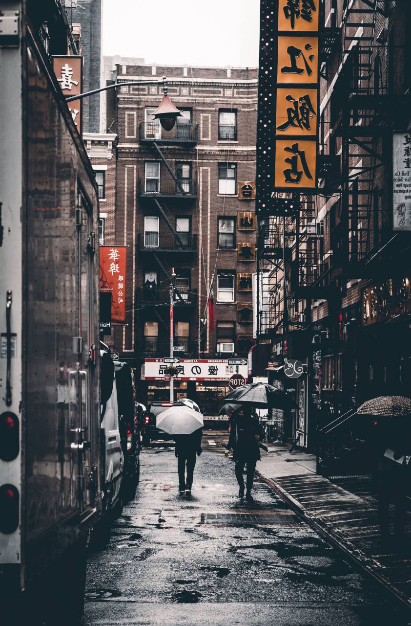 Chinatown, caminar, calle, lluvia, mojado, urbano, callejón, edificios, arquitectura, gente, paraguas, señales, mercado, chino, Asia, turismo, viajes, cultura,