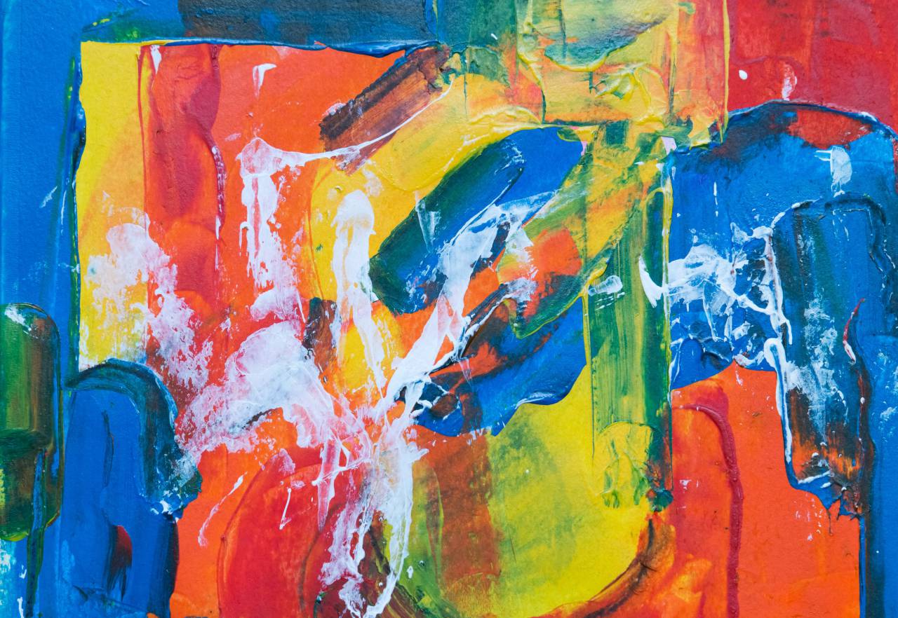Vistoso, pintar, arte, abstracto, acrílico, lienzo, textura, de cerca, artista, creativo, diseño, amarillo, naranja, azul, pincel,