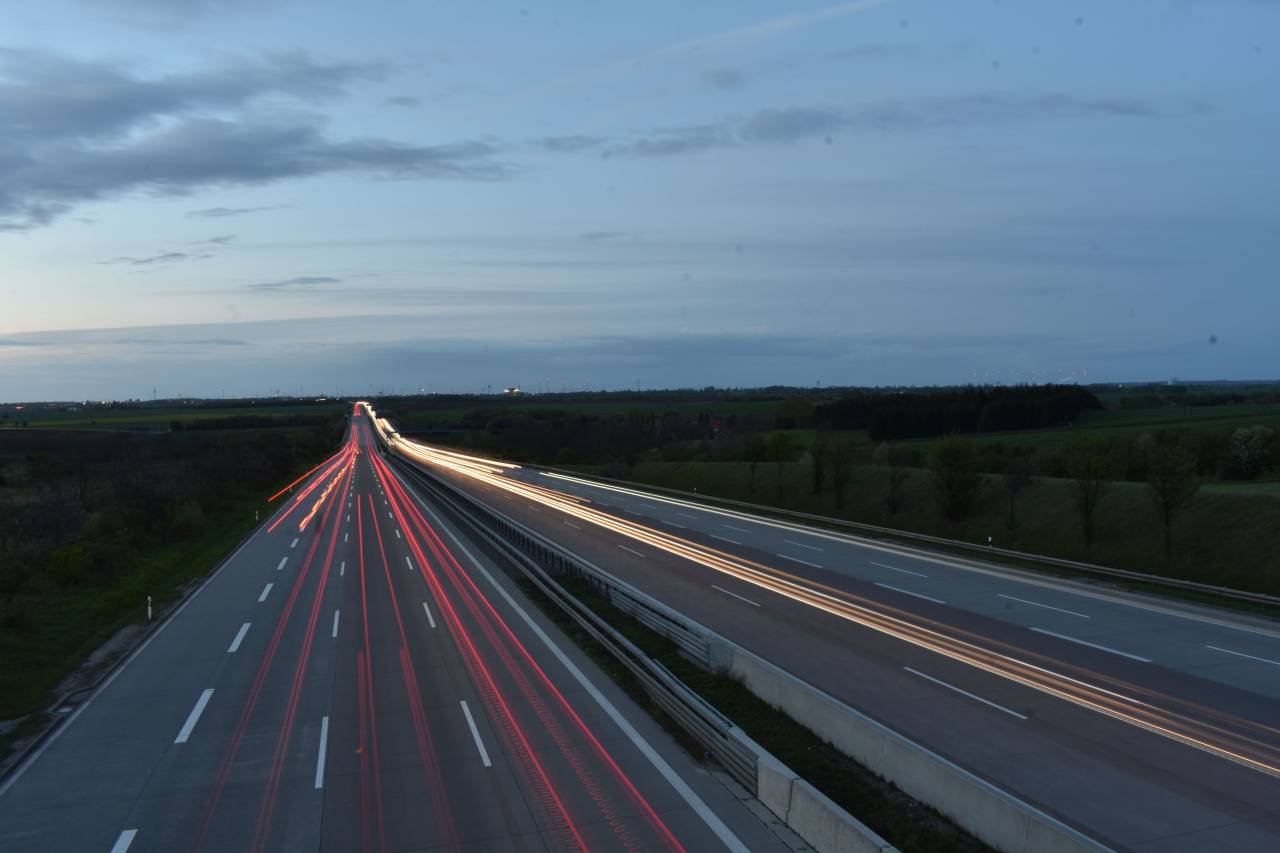 dawn, asphalt, road, lights, landscape, view, clouds, sky, trees, plants, nature, expressway, transportation, travel
, 