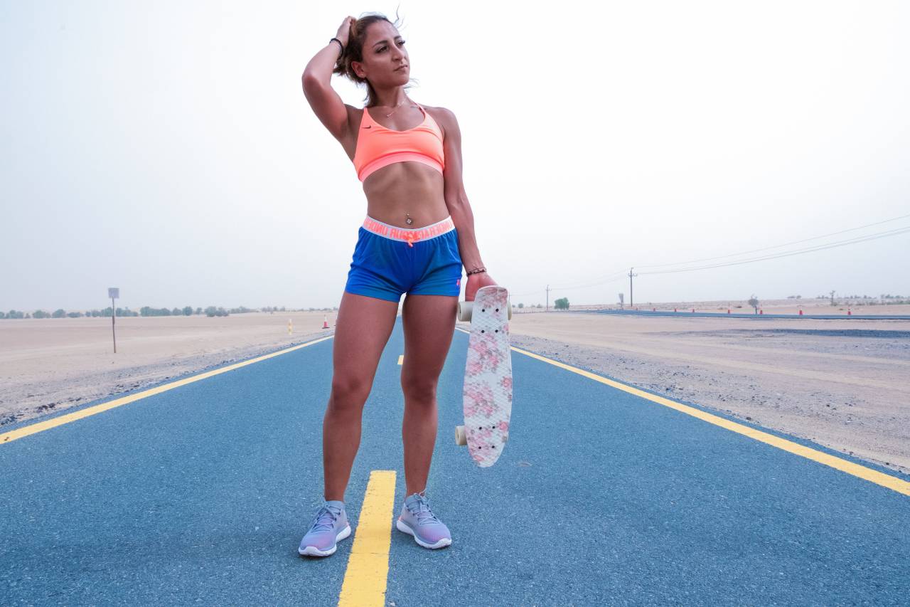 fitness, woman, skateboard, female, girl, healthy, sport, bikini, bra, trainers, sneaker, yellow, line, road
, 