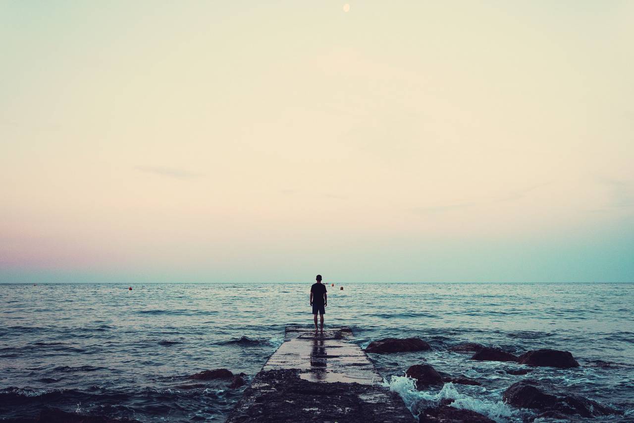 nature, landscape, dock, water, ocean, sea, beach, waves, current, people, man, alone, silhouette, clouds, sky, travel, adventure, vacation
, 
