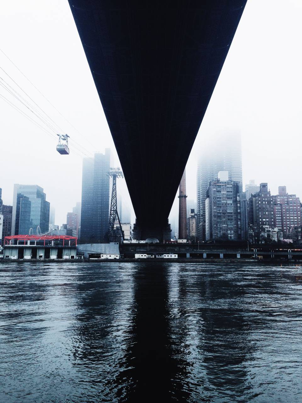 Nueva York, Nueva York, arquitectura, puente, coche, ciudad, niebla, reflexión, río, debajo, urbano, agua, hd,