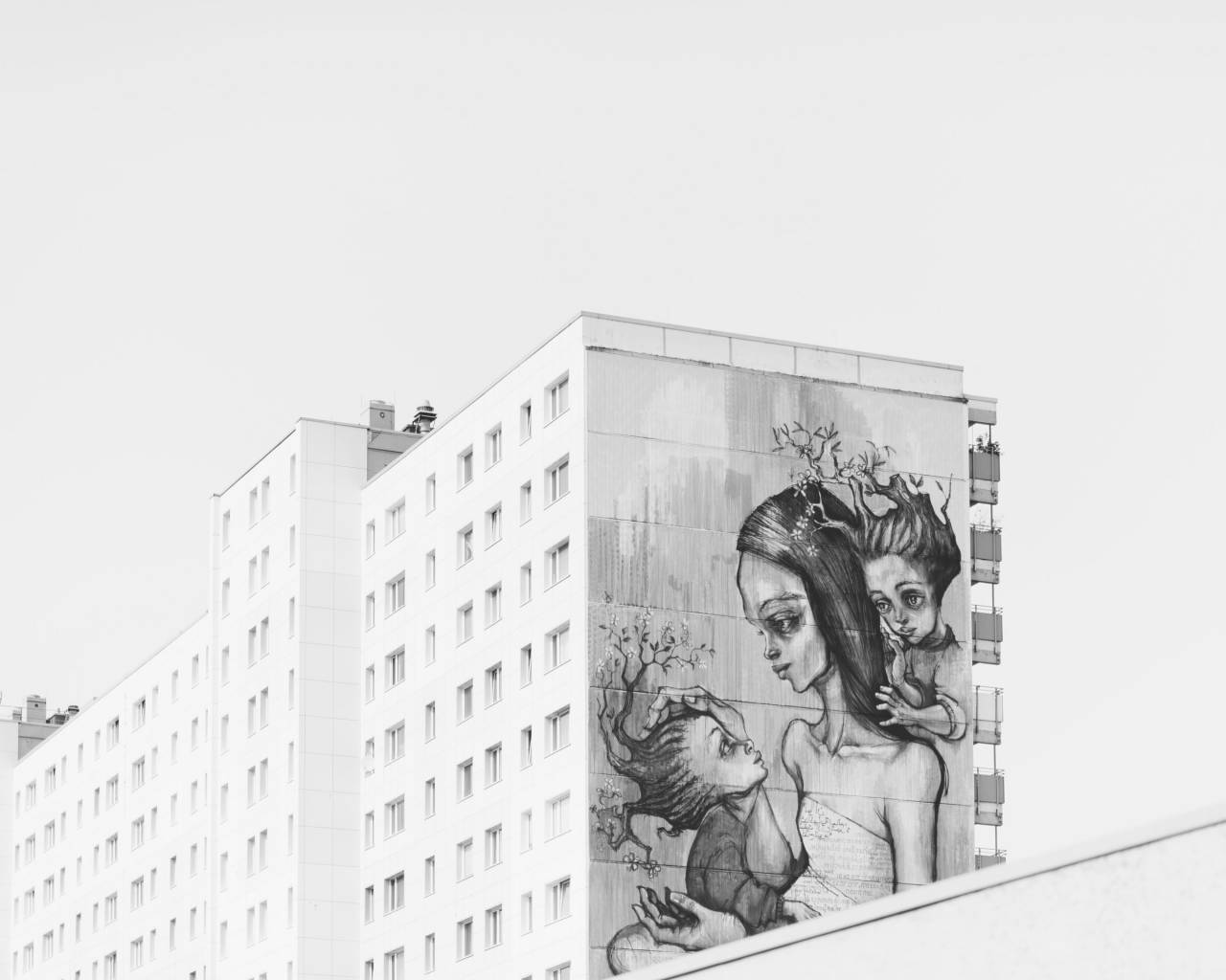 Pintura, arte, graffiti, padre, madre, niño, niños, bebé, arquitectura, blanco, en blanco y negro, monocromo, edificio, establecimiento,