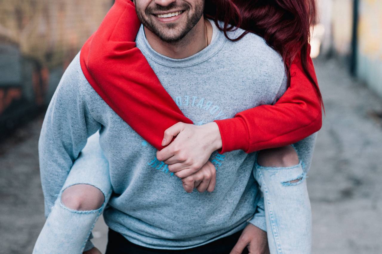people, man, woman, couple, dating, walking, smile, happy, love, sweater, ripped jeans
, 