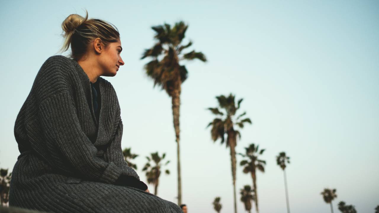 people, woman, cold, weather, jacket, beauty, bun, trees, coconut, tree, beach, ocean, sea
, 