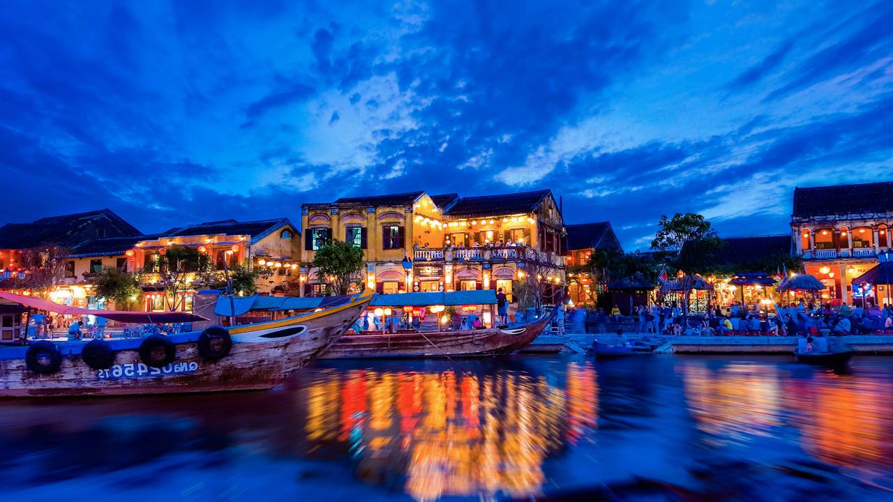 places, market, orange, lights, water, boat, reflection, sky, clouds
, 