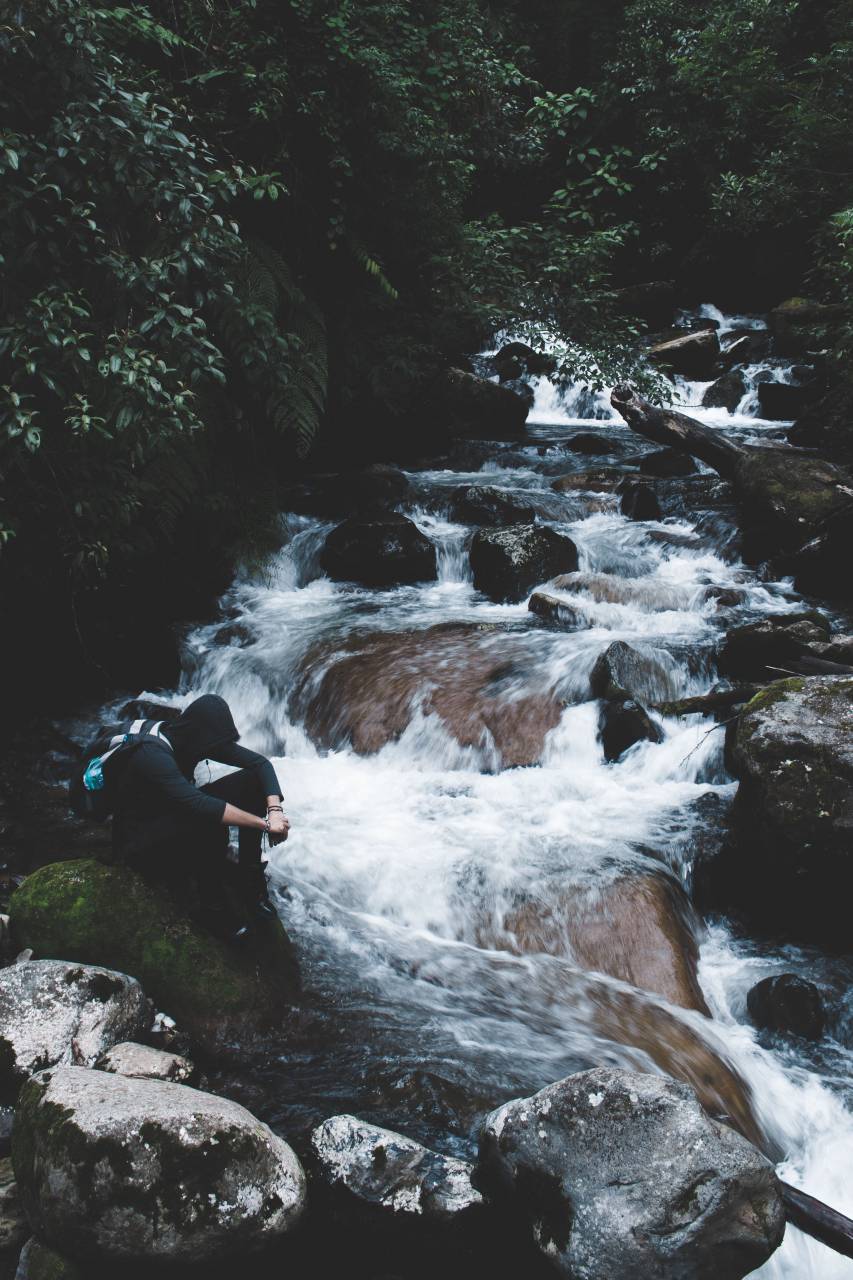 river, stream, water, rocks, green, moss, plants, trees, nature, people, sitting, alone, relax, outdoor
, 