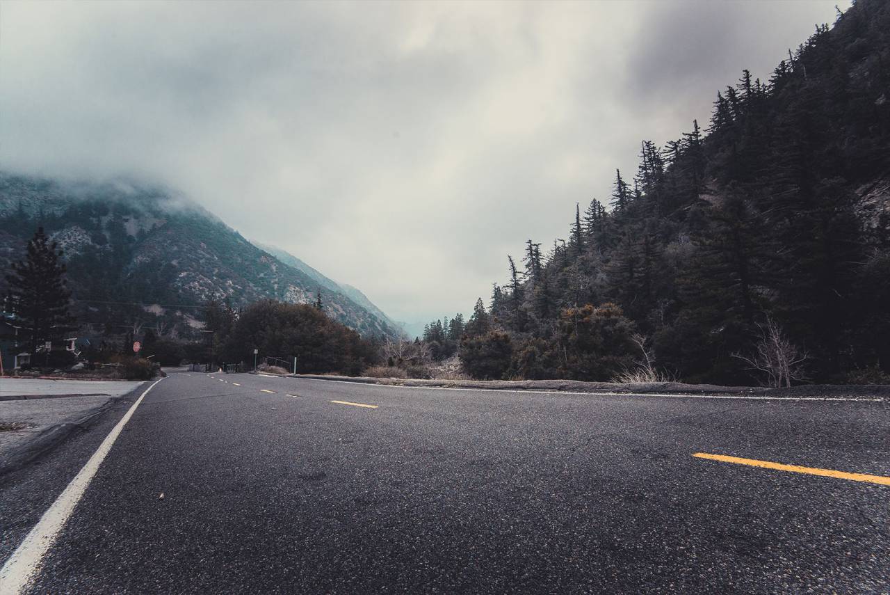 road, motorway, winter, cold, mountain, forest, yellow, lines, conifers, fir, fog, mist, highway, pine, trees, sky
, 
