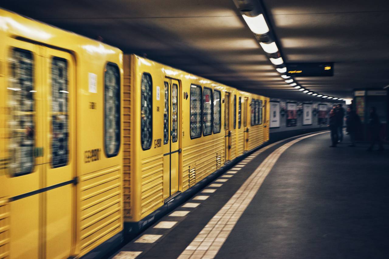 trail, train, station, people, man, ride, transportation, yellow, dark, night, lights
, 