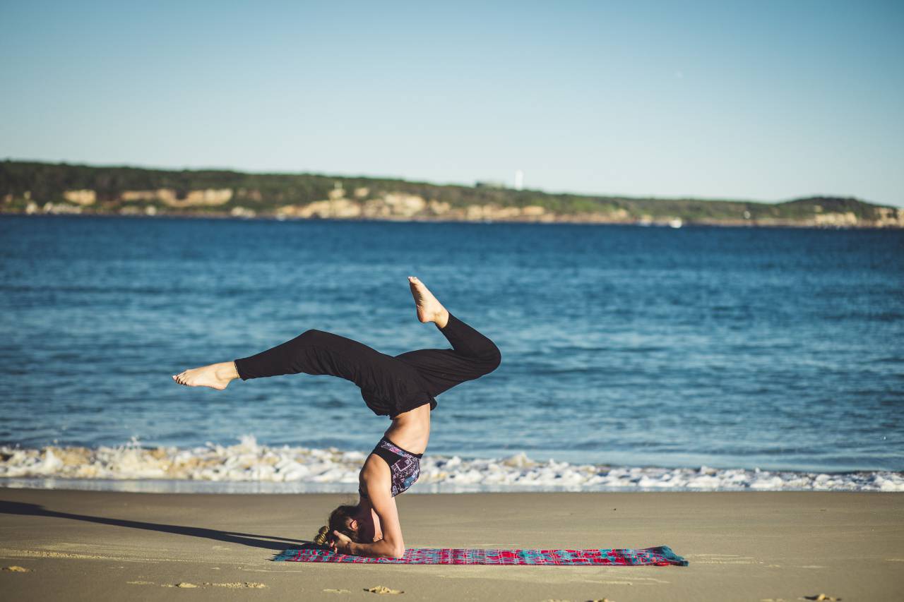 yoga, fitness, exercise, health, working out, pose, girl, woman, people, blue, sky, beach, sand, water, ocean, sea, sunshine, summer
, 