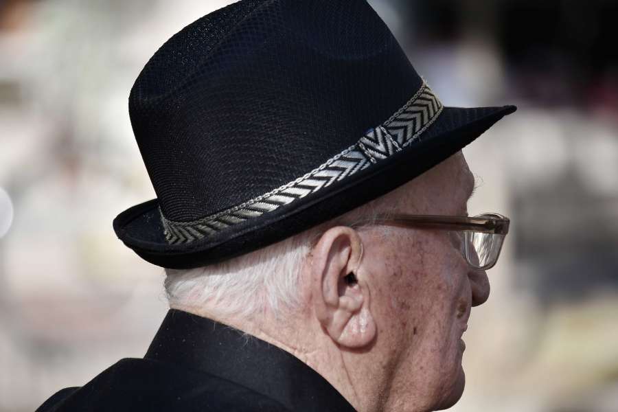 black and white, ear, eyeglasses, hat, old 