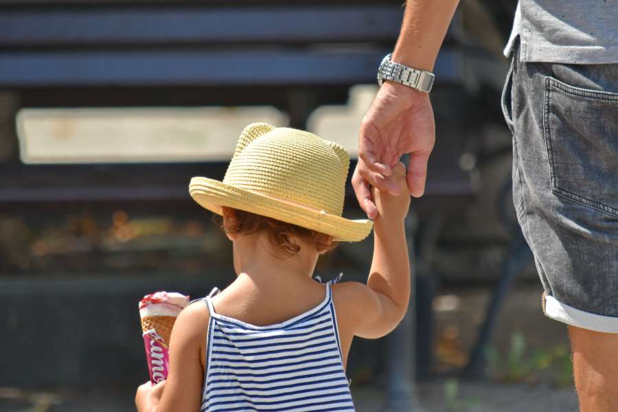 child, father, hand, hat, ice cream, people 