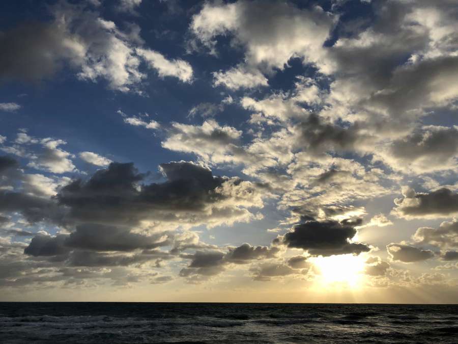 nublado, cielo, océano, panorama, puesta de sol