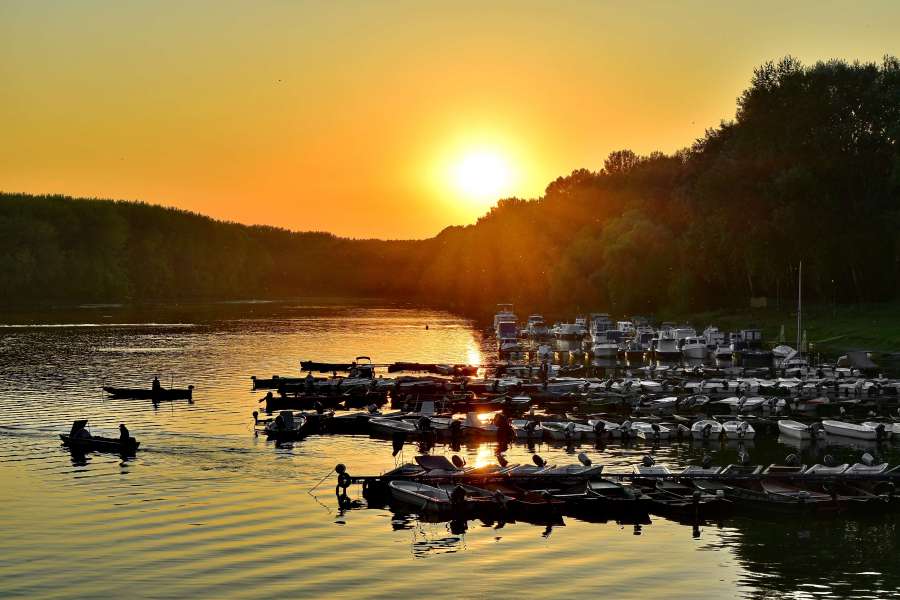 evening, fisherman, forest, marina, sunset 