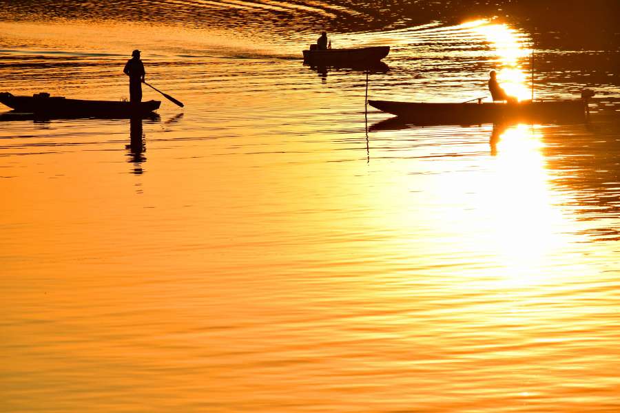 boats, fisherman, shadow, sunset, water 