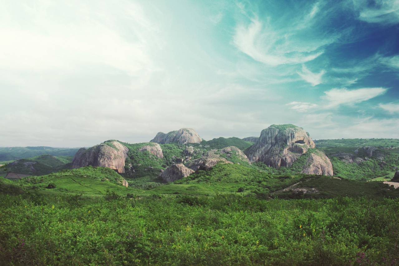 green, grass, field, rocks, boulders, landscape, nature, sky, clouds, sunshine
, 