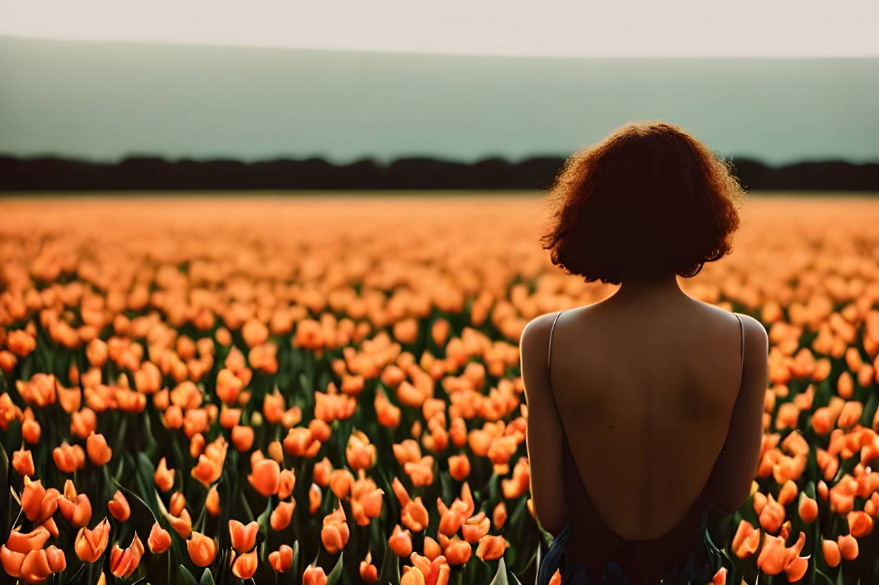 woman;tulip field,nature,women,outdoors,summer,flower,adult,one person,rear view,beauty in nature,lifestyles,sunset,sunlight,rural scene,relaxation,sun,yellow,springtime,young adult,beauty, 