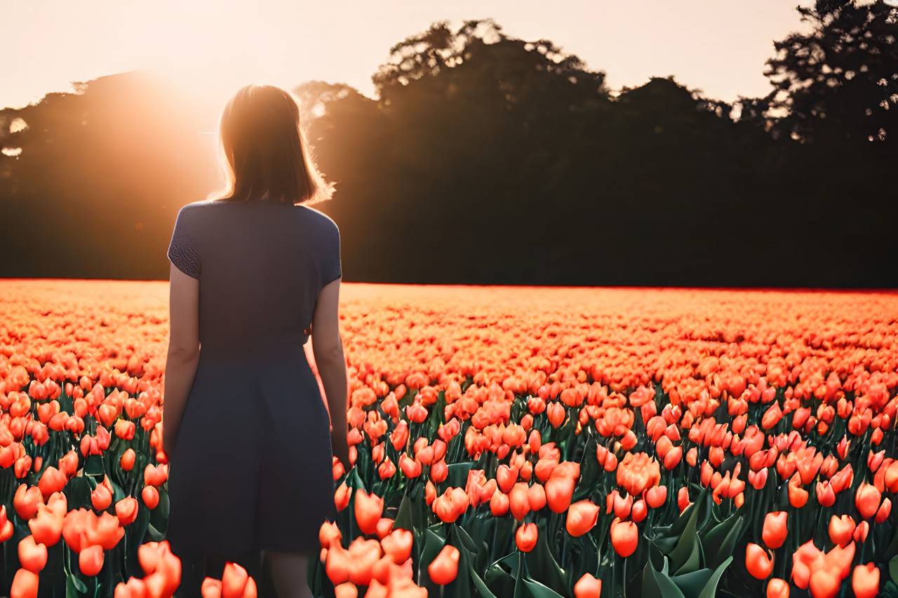 woman;tulip field,nature,women,outdoors,tulip,flower,summer,adult,one person,beauty in nature,sunset,springtime,sunlight,landscape,lifestyles,yellow, 