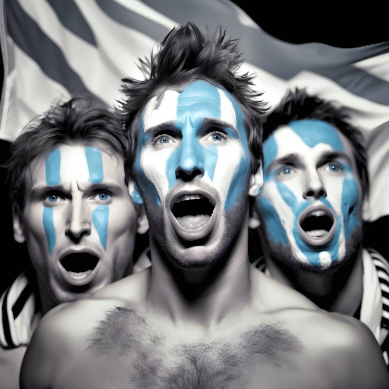 hombres, deporte, fútbol, pintura facial, rostro humano, adultos, etnia caucásica, ventilador, entusiasta, espectador, azul, deporte competitivo, mirando a la cámara, competencia, partidario,