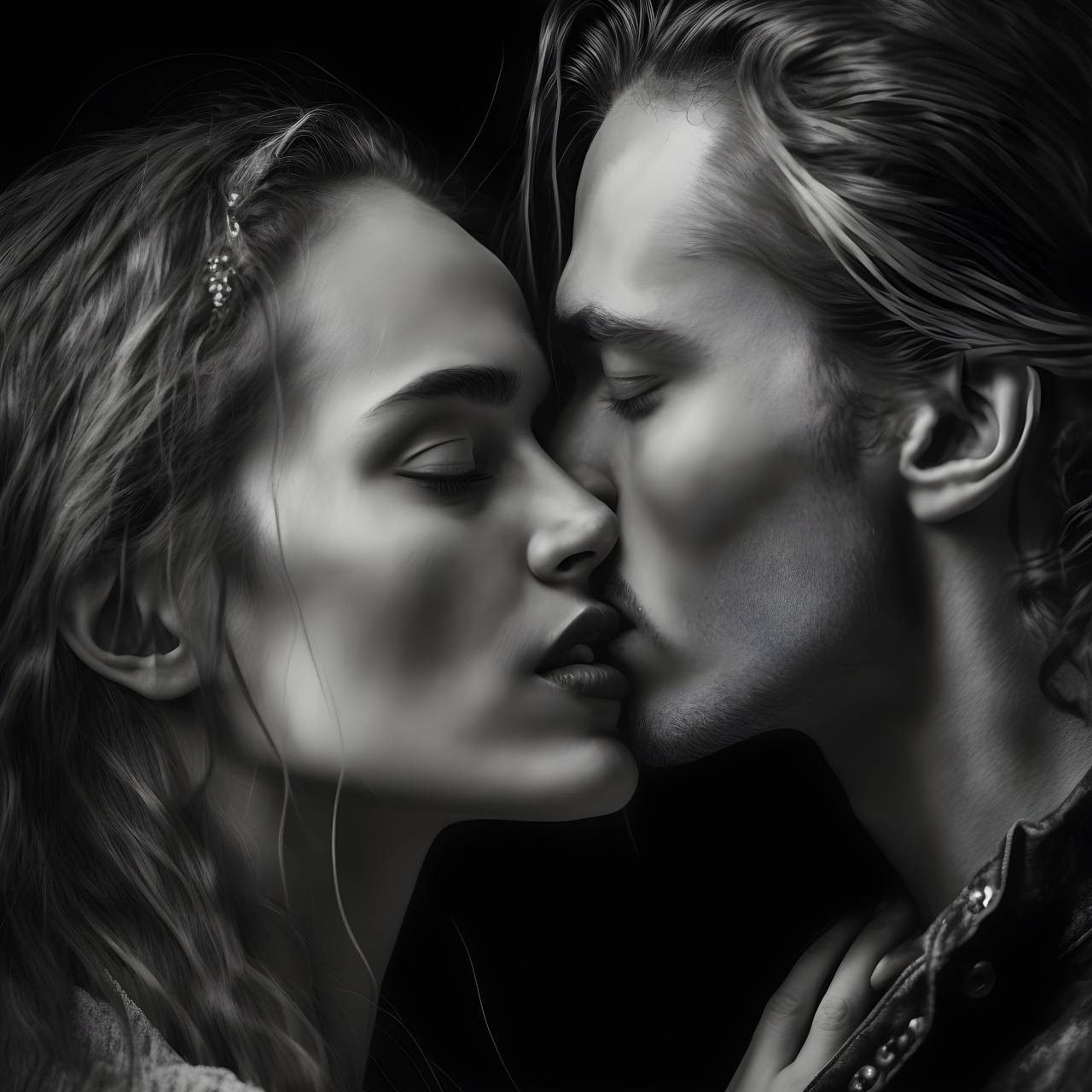 women,adult,young adult,men,love,caucasian ethnicity,beauty,sensuality,black and white,heterosexual couple,romance,couple,relationship,embracing,togetherness,males,two,people,females,portrait,lifestyles,studio shot,close-up,young women,kissing,elegance,flirting, 