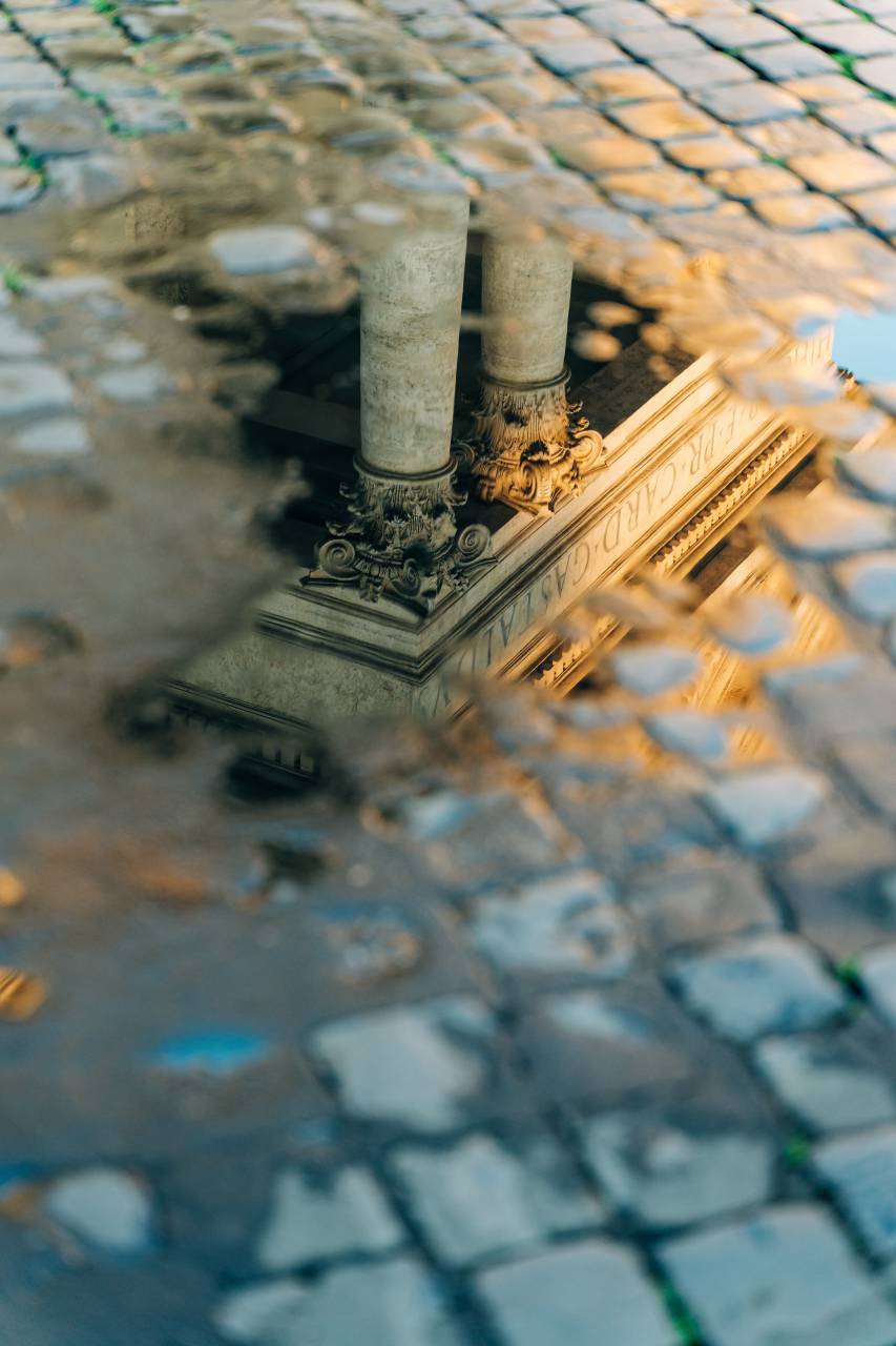 rome, italy, landscape, cobblestone, column, reflection, rain, day, no people, architecture, old, ruin, 