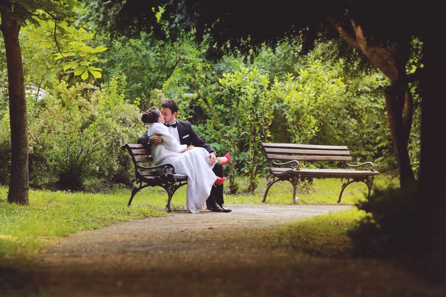 bench, bride, dress, gorgeous, kiss, suit 