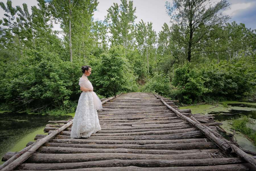 wooden, bridge, bride, ?wedding? dress, swamp 