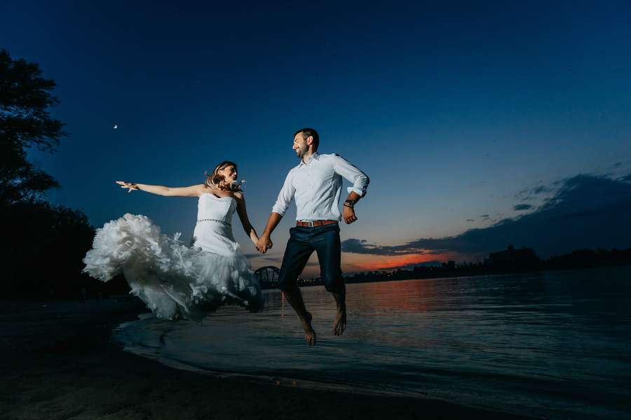 felicidad, salto, regocijo, novia