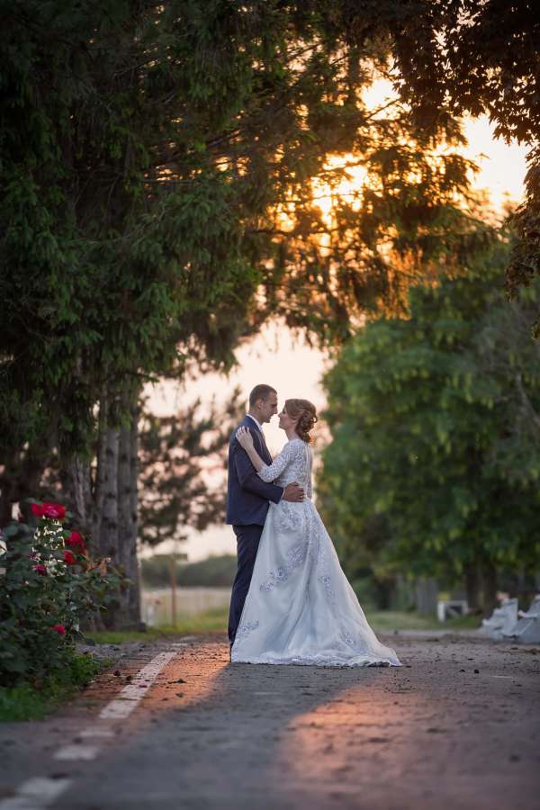 flower garden, newlyweds, embrace, posing 