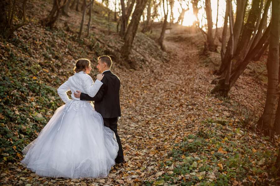 forest path, newlyweds, walking, autumn 