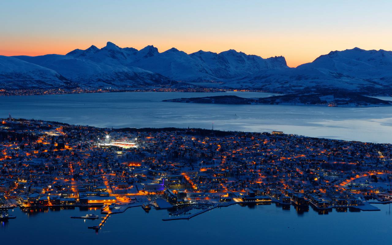 iceland, night, city, sunset, lights, evening, cityscape, aerial view, 