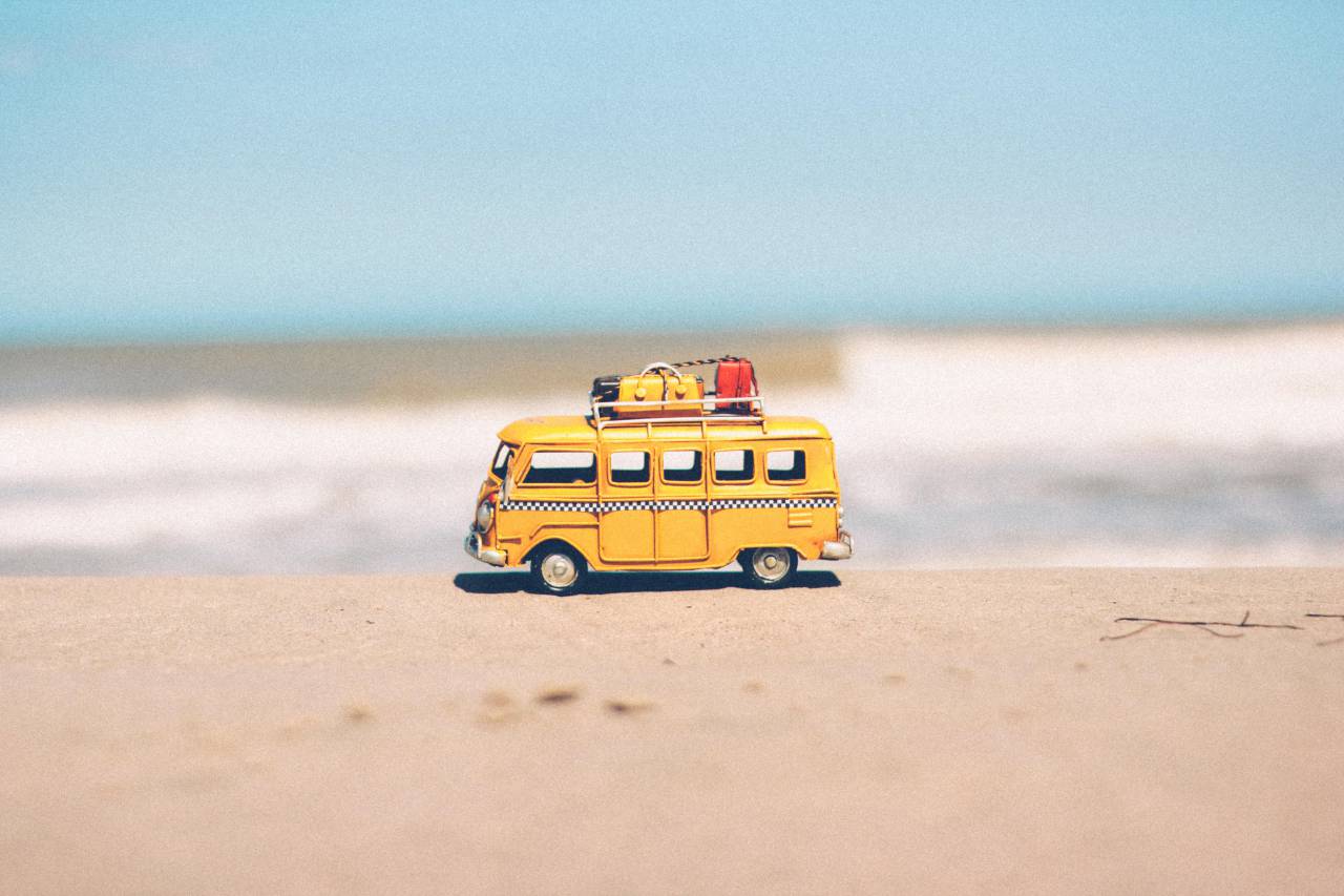 autobús, vehículo, juguete, viaje, reflexión, playa, horizonte,