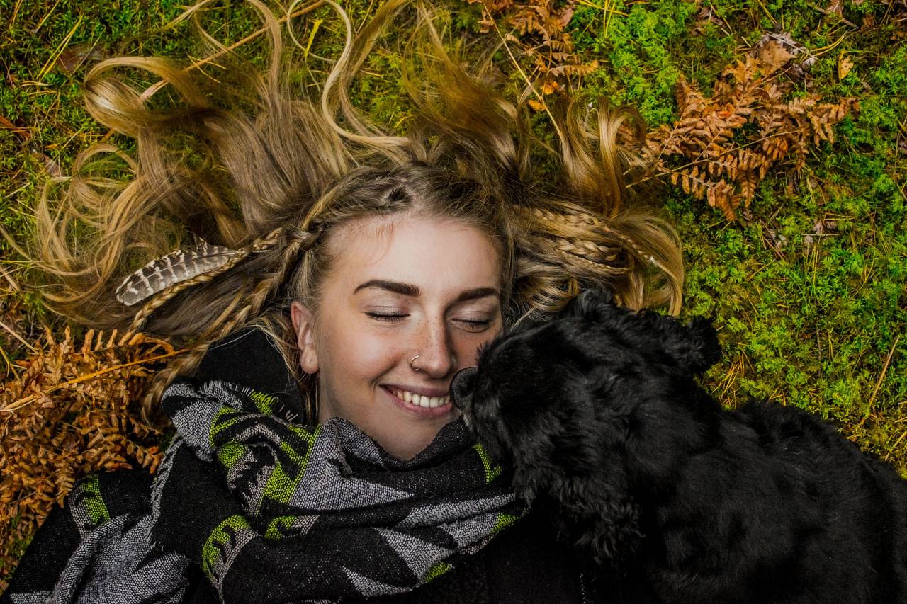 green, grass, lawn, black, puppy, dog, pet, people, woman, girl, smile, happy, outdoor, nature
, 