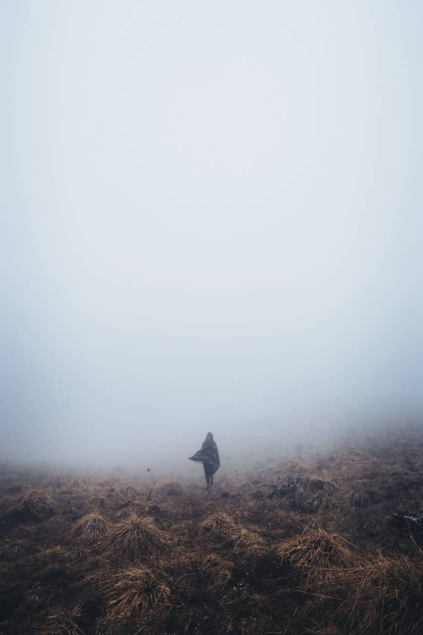 Montaña, Highland, césped, exterior, caminata, Trek, viajes, solo, gente, mujer, solo, niebla,