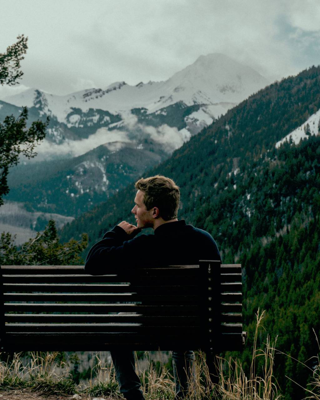 mountains, trees, bench, snow, smoke, nature, people, man, guy, sitting
, 