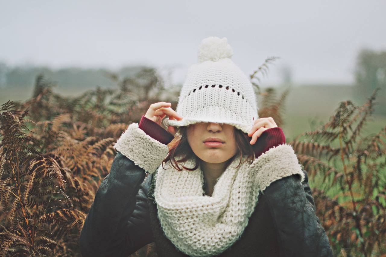 people, woman, bonnet, jacket, cold, weather, leaves, green, autumn, fall, trees
, 