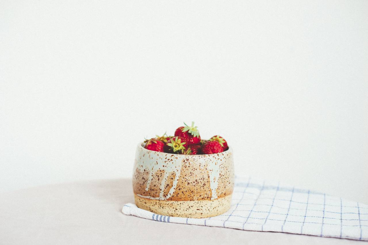 bocadillo, fresas, frutas, mesa, sano, tazón de fuente,