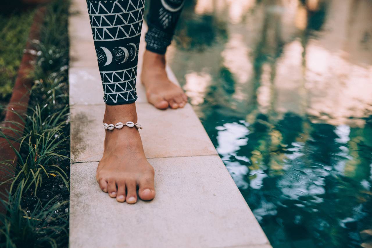 walking, feet, water, legs, toes, ankle, jewelry, anklet, close up, outdoors, nature, person, foot, woman
, 