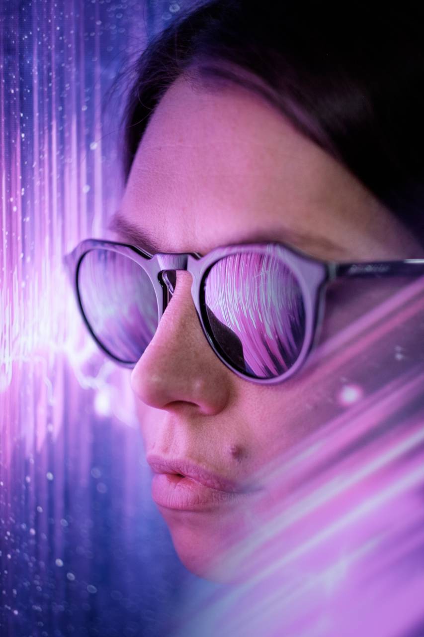 woman;face;portrait;purple;sunglasses;serious;, 