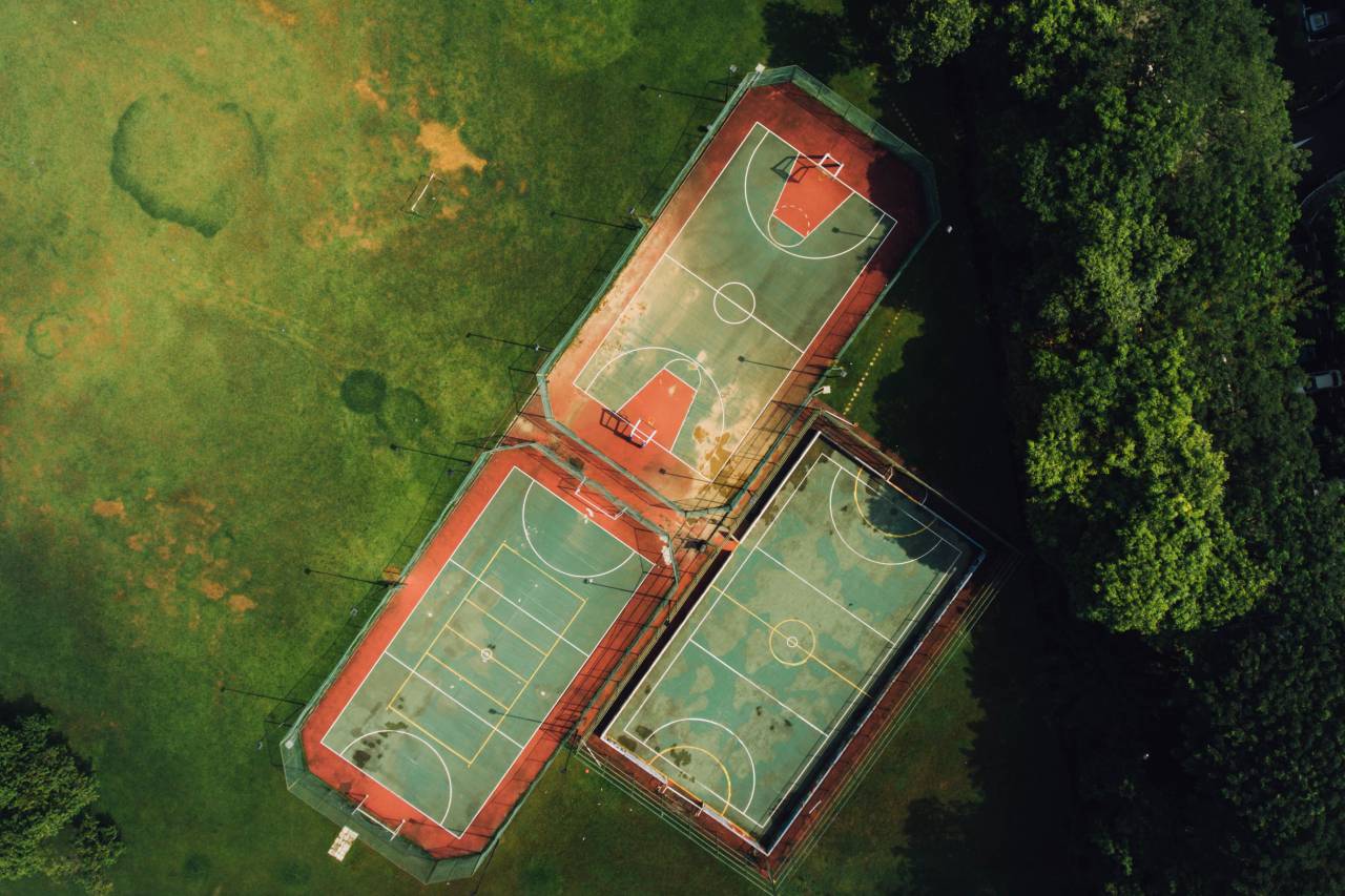 aerial, view, green, grass, lawn, tree, plant, nature, outdoor, field, sport, basketball, court
, 