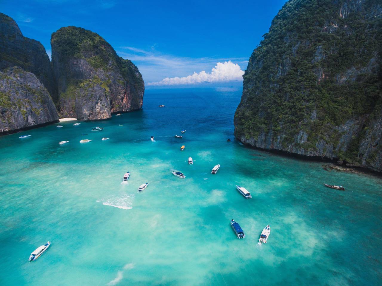 barcos, desfiladeiro, água, panorâmico, viagem, paisagem, rochas, azul, céu, nuvens, quente, pacífico, mundo,