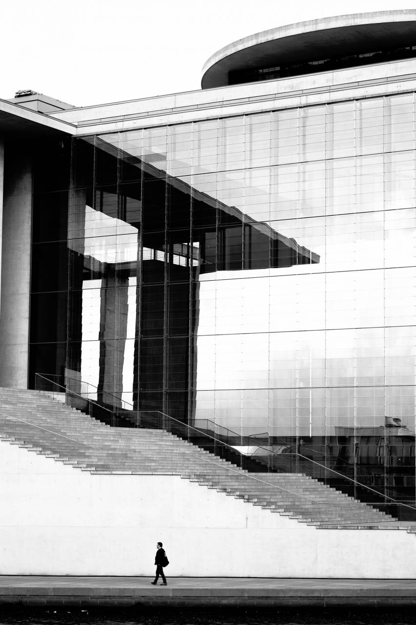buildings, structure, architecture, design, stairs, lines, glass, window, people, man, guy, walking, black and white, grayscale, monochrome
, 