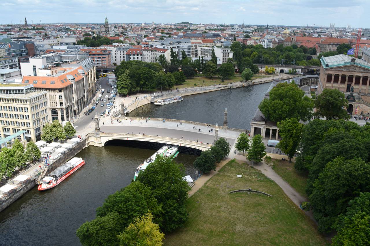 city, buildings, bridge, cityscape, business, sky, architecture, waterfront, district, travel, tourists, river, museum, boats, people, trees, grass
, 