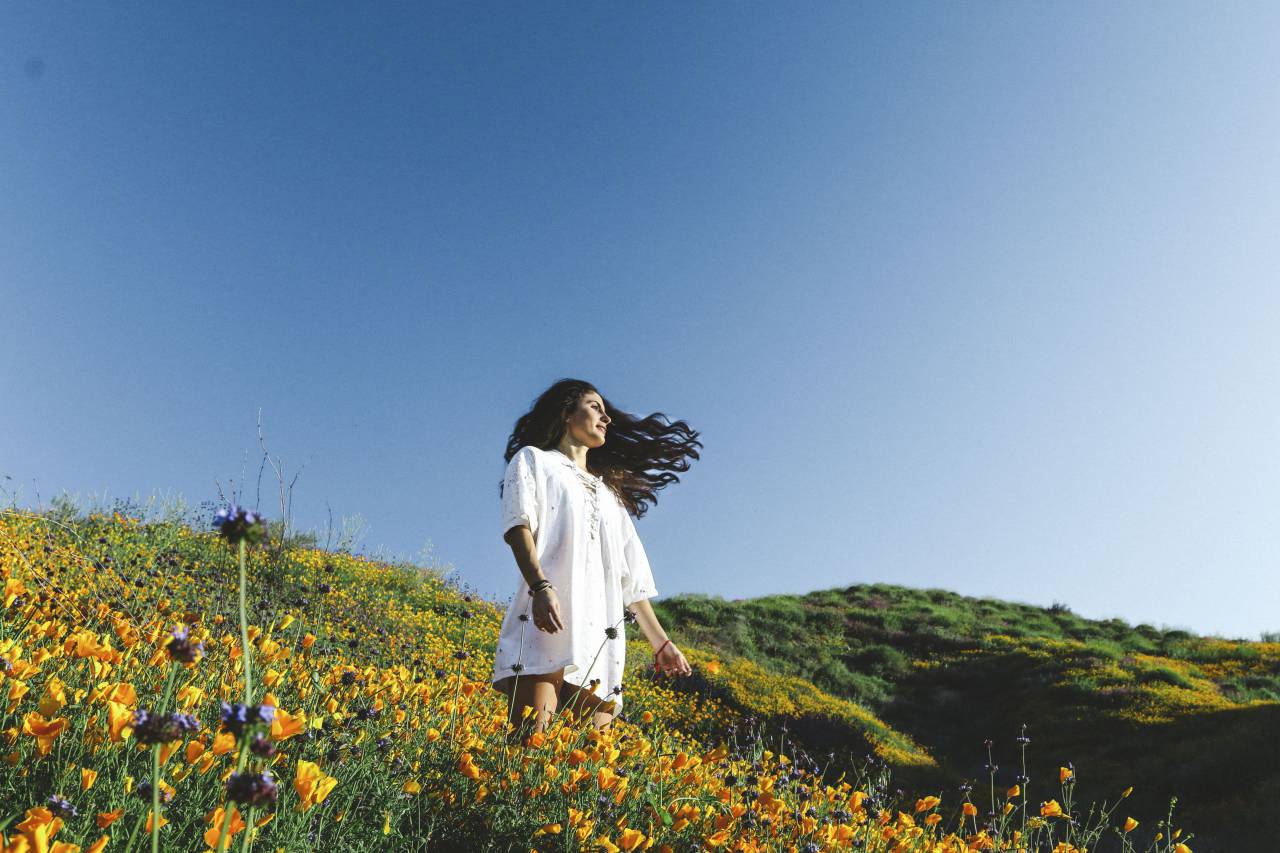 flower, yellow, orange petal, bloom, garden, plant, nature, autumn, fall, landscape, people, woman, hair, clouds, sky
, 